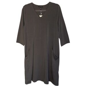 Eileen‎ Fisher XL A-line V-Neck Gray Stretch Jersey Knit Dress Pockets NWT